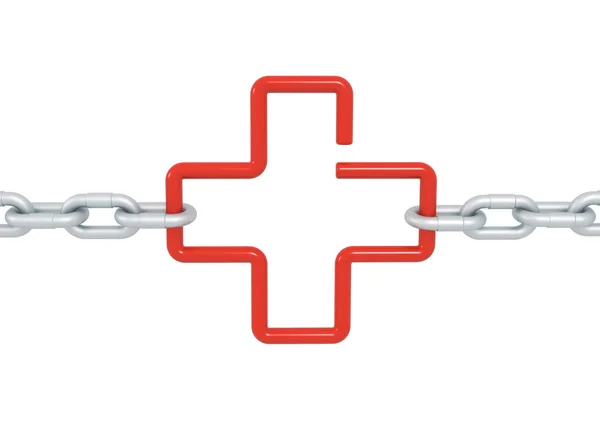 Croce rossa simbolo bloccato con catene metalliche isolate — Foto Stock