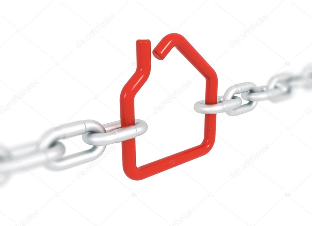 Red house symbol blocked with metal chains 