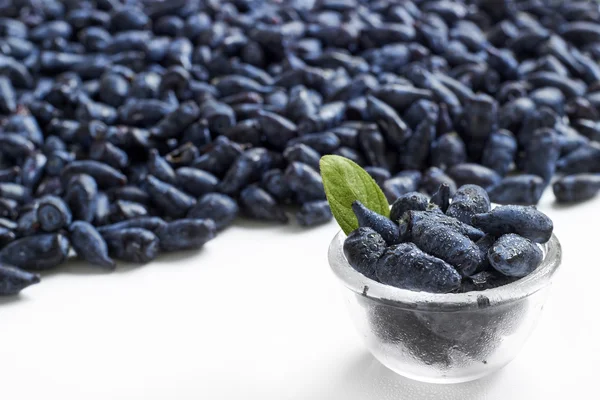 Honeysuckle frutas baga azul em uma tigela de vidro — Fotografia de Stock