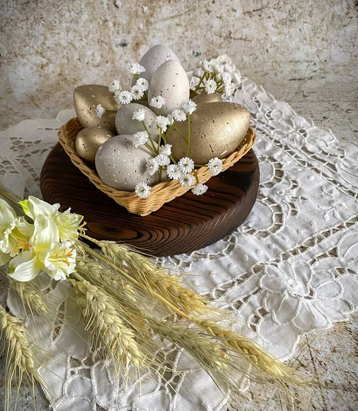 Huevos Pascua Estilo Granja Composición Decorativa — Foto de Stock