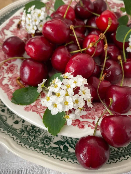 Cherries Flowers Vintage Plates — Stock Photo, Image
