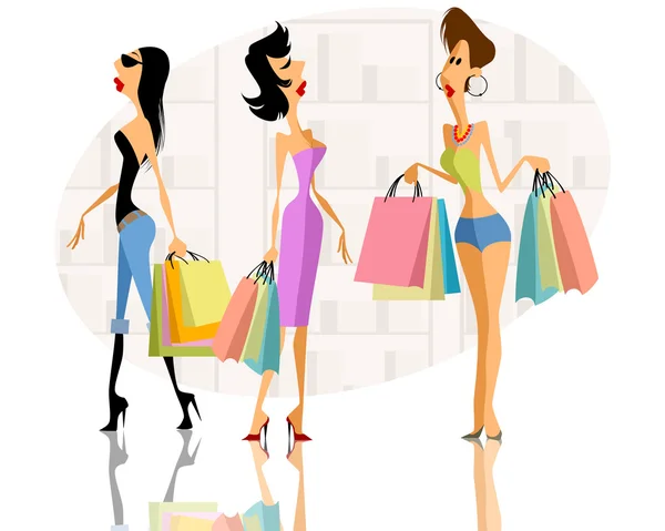 Três meninas compras — Vetor de Stock