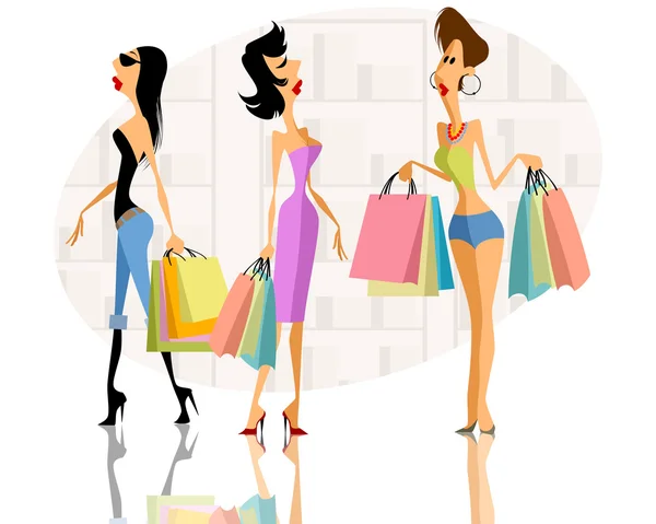 Tre flickor shopping — Stock vektor