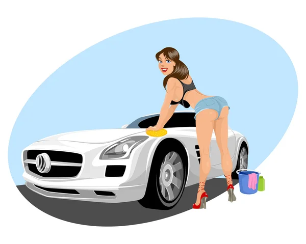 Chica lavado de coche — Vector de stock