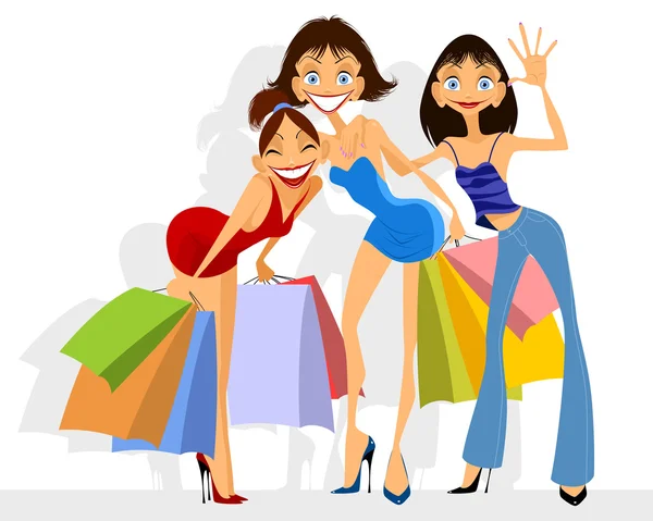 Tres chicas de compras — Vector de stock