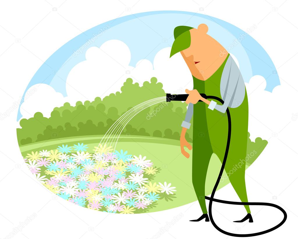 Watering flowers with a hose