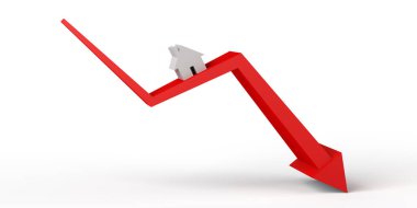 Emlak piyasası çöküyor. Kırmızılı aşağı ok ve ev. Pankart. Geçmişi. 3d illüstrasyon.