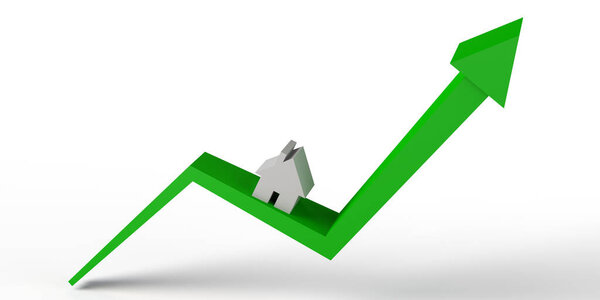Real estate market growing. Up arrow in green with house. Banner. Background. 3d illustration.