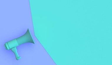 Mor arka planda yeşil megafon. Reklamcılık ya da metin için yer var. Üç boyutlu illüstrasyon. Pastel renkler. Satılık..