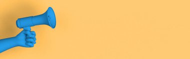Bir şeyi duyurmak ya da tanıtmak için pastel sarısı arka planda mavi bir megafon tutuyor. 3B illüstrasyon.