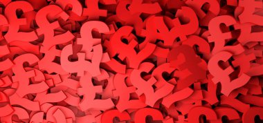 Kırmızı pound para birimi sembolü 3D illüstrasyonlu soyut arkaplan.