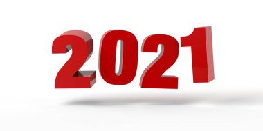 Beyaz zemin üzerinde kırmızı renkte yüzen 2021 yılının numaraları. Üç boyutlu illüstrasyon. Pankart.