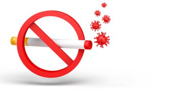 Virüs dumanlı sigara pankartı. Geçmişi. Dağılın. 3 boyutlu illüstrasyon. Sigara içme..