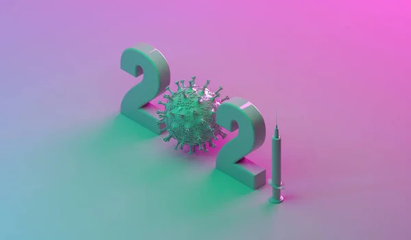2021年的标志 带有病毒和疫苗注射器 新年大旗 3D插图 — 图库照片