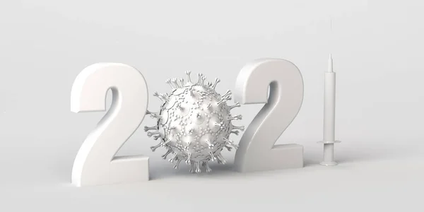 Logo of the year 2021 with virus and vaccine syringe. New Year banner. 3D illustration.