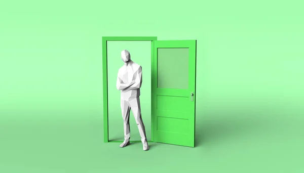 Puerta Verde Abierta Con Salida Persona Ilustración —  Fotos de Stock