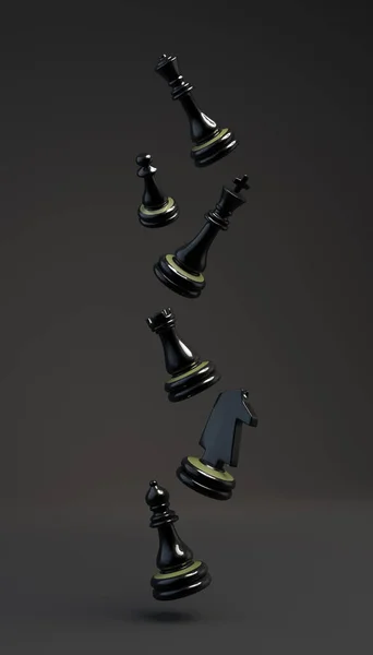 黒のチェスゲームの作品が浮かんでいます 3Dイラスト 縦の旗 — ストック写真