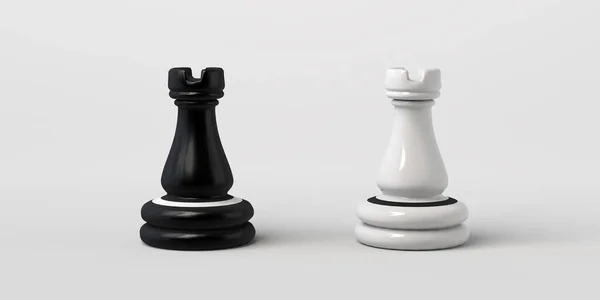 黒と白のチェスのルークが向かい合っていた 白に隔離された — ストック写真