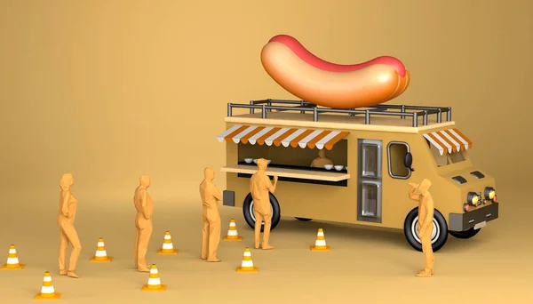 Samochód Dostawczy Hot Dogów Ludźmi Kolejce Ilustracja — Zdjęcie stockowe
