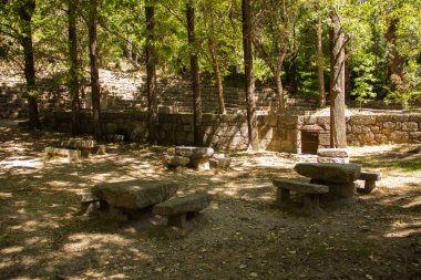 Doğal parkta oturmak için taş masaları ve sandalyeleri olan piknik alanı..