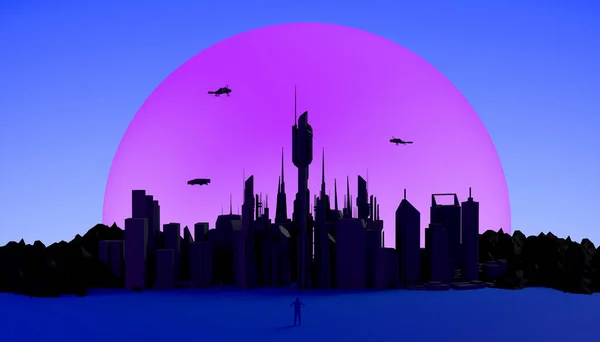 Abstract sunset with a city of the future. Banner. Background. 3D illustration.