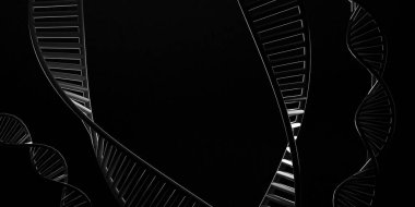 İzole edilmiş siyah arka planda DNA zinciri. Kenar ışığı. Soyut molekül dizisi. Geçmişi. Pankart. 3d illüstrasyon.