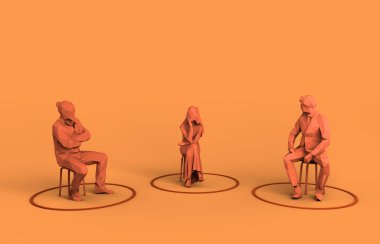 Sosyal Mesafe. Gayri resmi bir sohbette oturan insanlar güvenlik mesafesini çemberlerle sınırlıyor. Pastel turuncu arka plan. Covid-19. Sağlık hizmeti konsepti. 3 Boyutlu Hazırlama.