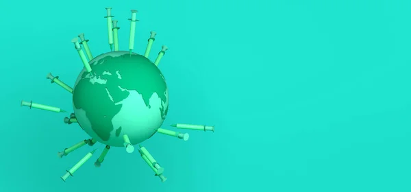 Planet earth with virus vaccine syringes. Banner. Background. 3D