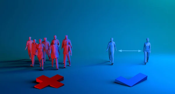 Social distancing. Group of people who do not maintain social distance vs. group of people who maintain the safety distance. Red and blue colors background. COVID-19. Health care concept. 3d render