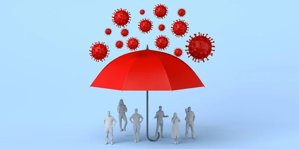 일단의 사람들은 우산에 바이러스로부터 보호받고 있습니다 다음을 가리킨다 그라운드 — 스톡 사진