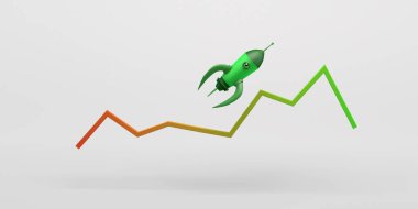 Grafiğin üzerinde uçan roket yukarı doğru sonuç veriyor. Yeni bir ürün veya hizmetin geliştirilmesi ve tanıtımı. Başla. 3d illüstrasyon.