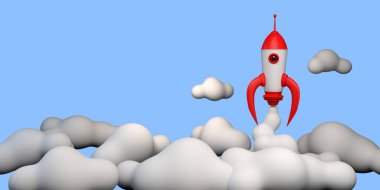 Roket bulutların arasından geçiyor. Havalan. Pankart. 3d illüstrasyon.