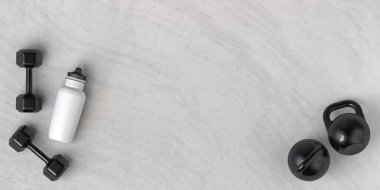 Arka planda halterler ve içki şişeleri var. İşten sonra spor ve spor. Spor salonunda egzersiz yap. Antrenman yapıyorum. 3d illüstrasyon.