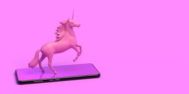 Akıllı telefondaki pembe tek boynuzlu at. Pankart. Soyut. 3B illüstrasyon.