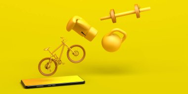 Akıllı telefonlu online spor konsepti. Pankart. Bisiklet, boks eldiveni, dambıl aplikasyon. 3B illüstrasyon.