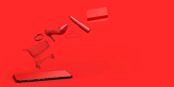 Akıllı telefonlu online alışveriş konsepti. Pankart. Alışveriş arabası, ruj, yüksek topuklu ayakkabı, kredi kartı... 3 boyutlu illüstrasyon.