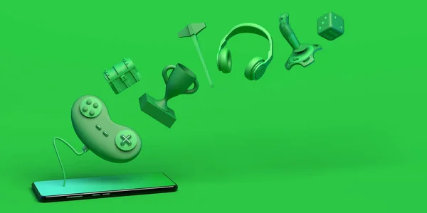 Akıllı Telefonlu Oyuncu Konsepti Pankart Oyun Konsolu Denetleyici Zar Kulaklık — Stok fotoğraf