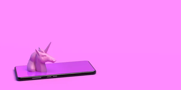Akıllı telefondaki pembe tek boynuzlu at kafası. Pankart. Soyut. 3B illüstrasyon.