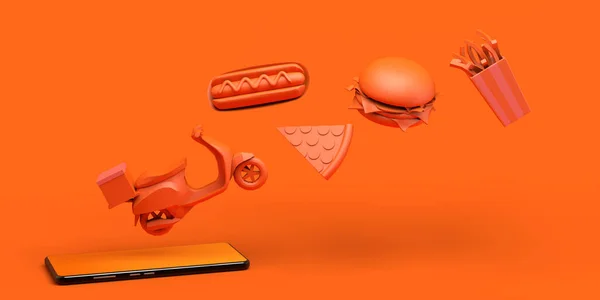 Akıllı telefonla internetten yemek al. Pankartı kaldır. Teslimat. Motosiklet, sosisli, pizza, hamburger, patates kızartması. Abur cubur. 3d illüstrasyon.