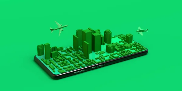 飛行機とスマートフォン上の都市 バナーだ 抽象的 3Dイラスト — ストック写真
