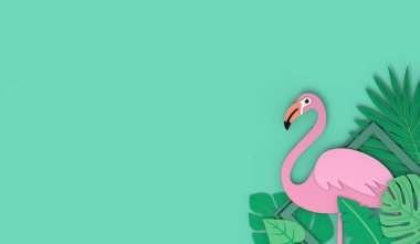 Bitkiler ve pembe flamingolu metinler için arkaplan. Pastel renkler. Yaz kavramı. 3B illüstrasyon.