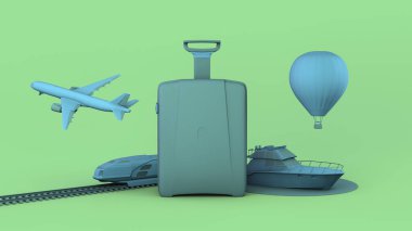 Seyahat konsepti. Nakliye aracıyla çevrili bir valiz. Üç boyutlu illüstrasyon. Pastel renkler.
