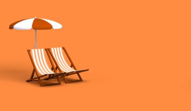 Pastel turuncu arka planda güneş şemsiyeli plaj sandalyeleri. Yaz ve tatil konsepti. 3B illüstrasyon.