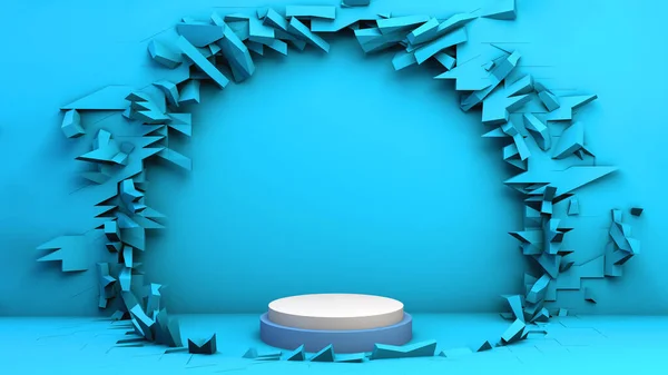 Blue Colored Background Broken Wall Show Product Object Pedestal Illustration — Stock Photo, Image