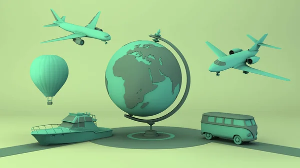 Travel Concept World Ball Surrounded Transports Illustration Pastel Colors — Stock Photo, Image