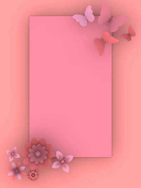背景为粉色 有抽象的花朵和蝴蝶 有空间定位文字或产品 3D插图 花型和春型 — 图库照片