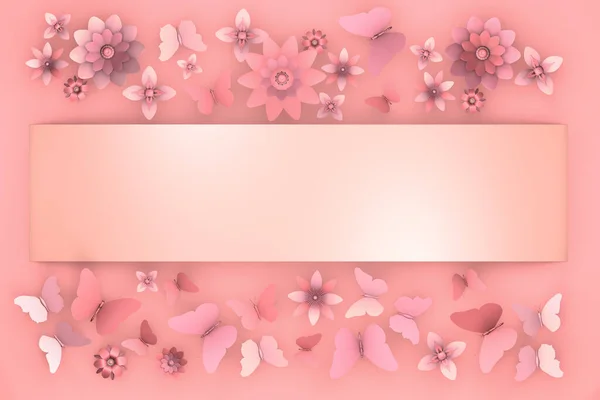 Baner Odcieniach Różu Abstrakcyjnych Kwiatów Motyli Miejsca Aby Zlokalizować Tekst — Zdjęcie stockowe