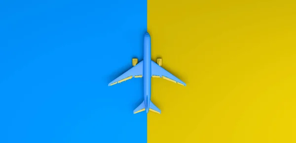 Airplane Yellow Blue Background Top View Flat Lay Illustration Banner — Stock Photo, Image