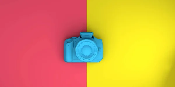Fotokamera Auf Rotem Und Gelbem Hintergrund Ansicht Von Oben Flach — Stockfoto