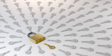 Asma kilit anahtarla kapatılmış. Sorunlar ve çözümler kavramı. 3 boyutlu illüstrasyon. Mahremiyet, güvenli.